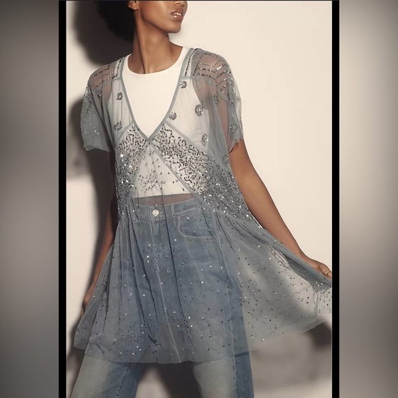 Anthropologie Tops - Anthropologie Sheer Blue Sequined Blouse